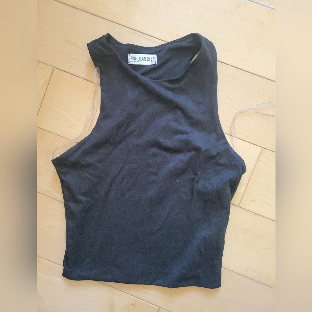 Popular 21 Black High Neck Sleeveless Tank Top Size S Minimalist Sheer Strap Y2K - Picture 2 of 4